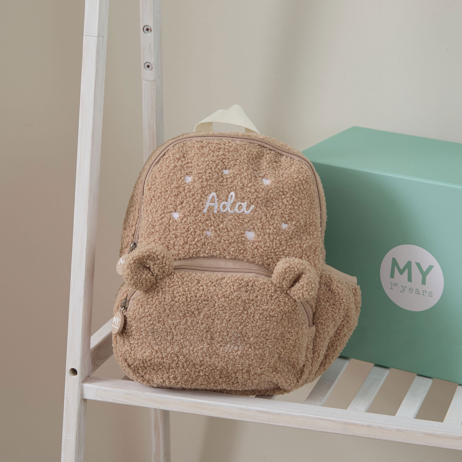 Personalised Heart Embroidered Caramel Borg Bear Ear Backpack