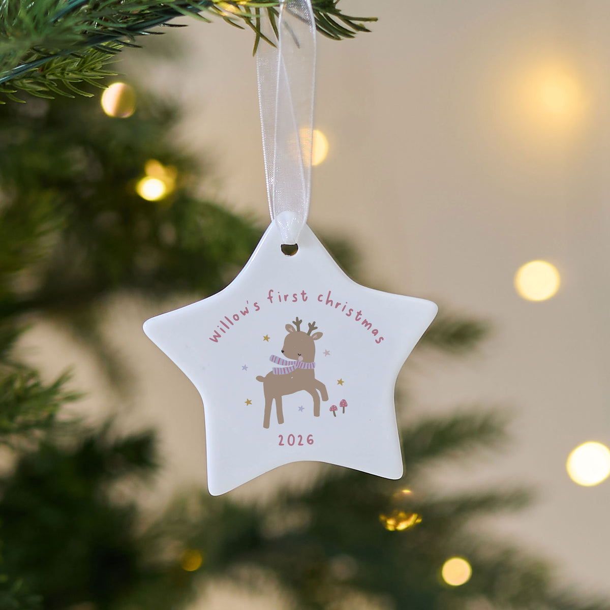 Personalised Pink 1st Christmas Star Ceramic Hanging Decoration