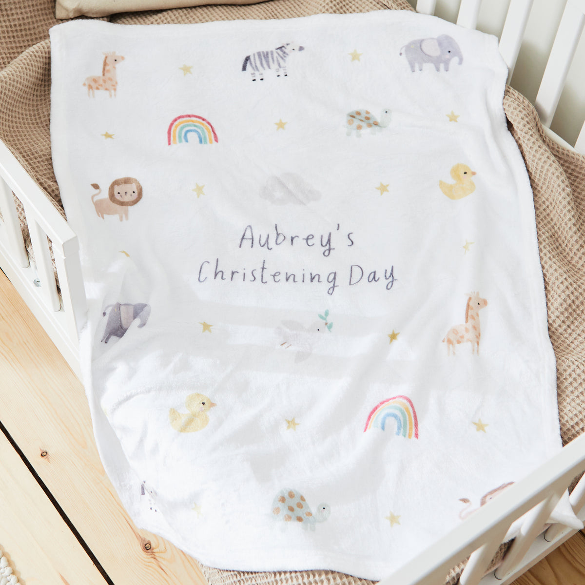 Personalized Animal Fleece Christening Day Baby Blanket