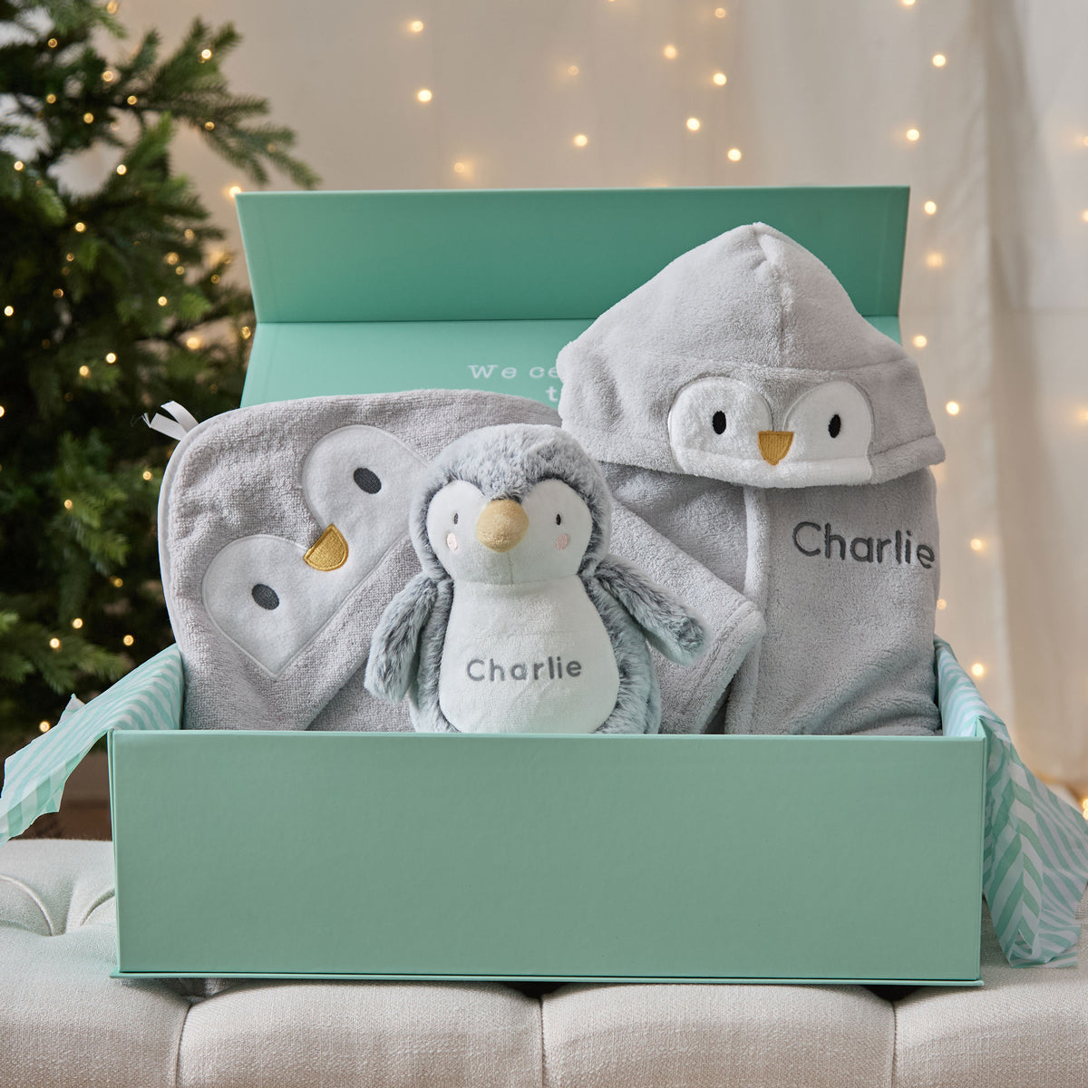 Personalised Penguin Splash, Snuggle & Cuddle Gift Set