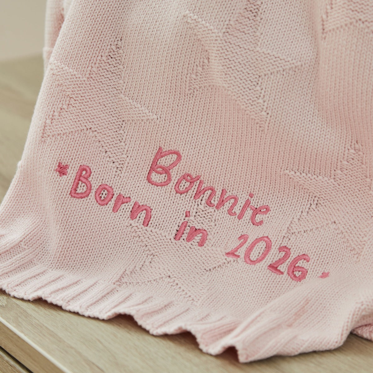 Personalized Born In 2026 Pink Star Jacquard Baby Blanket