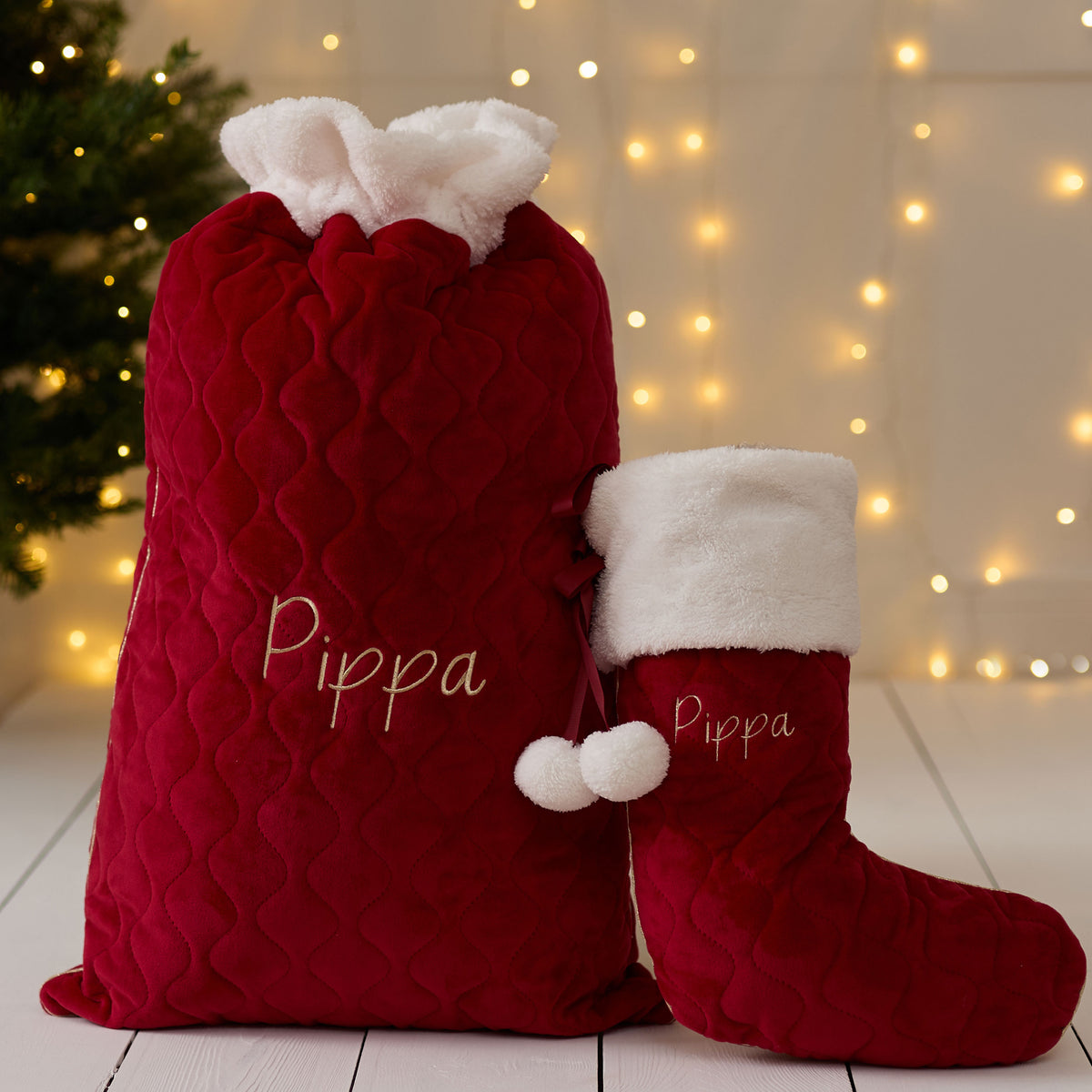 Personalised Red Velvet Name Sack and Stocking Gift Set