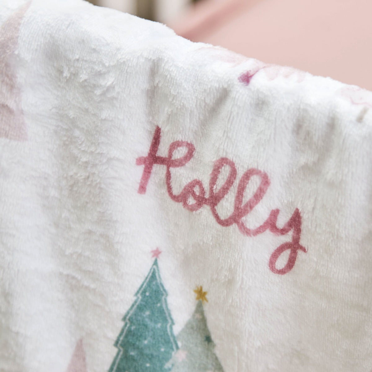 Personalised Pink & Green Christmas Tree Fleece Blanket