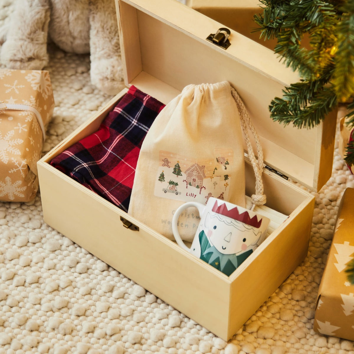 Personalised Reindeer & Presents Wooden Christmas Eve Box FSC®