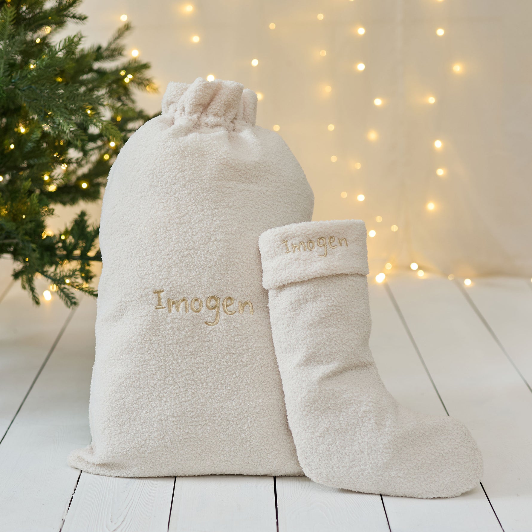 Personalised Cream Borg Sack and Stocking Gift Set