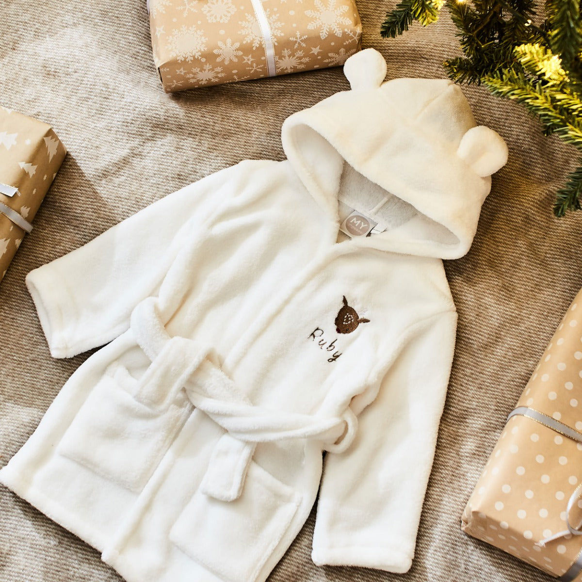 Personalized Rudolph Design Ivory Fleece Robe With Ears