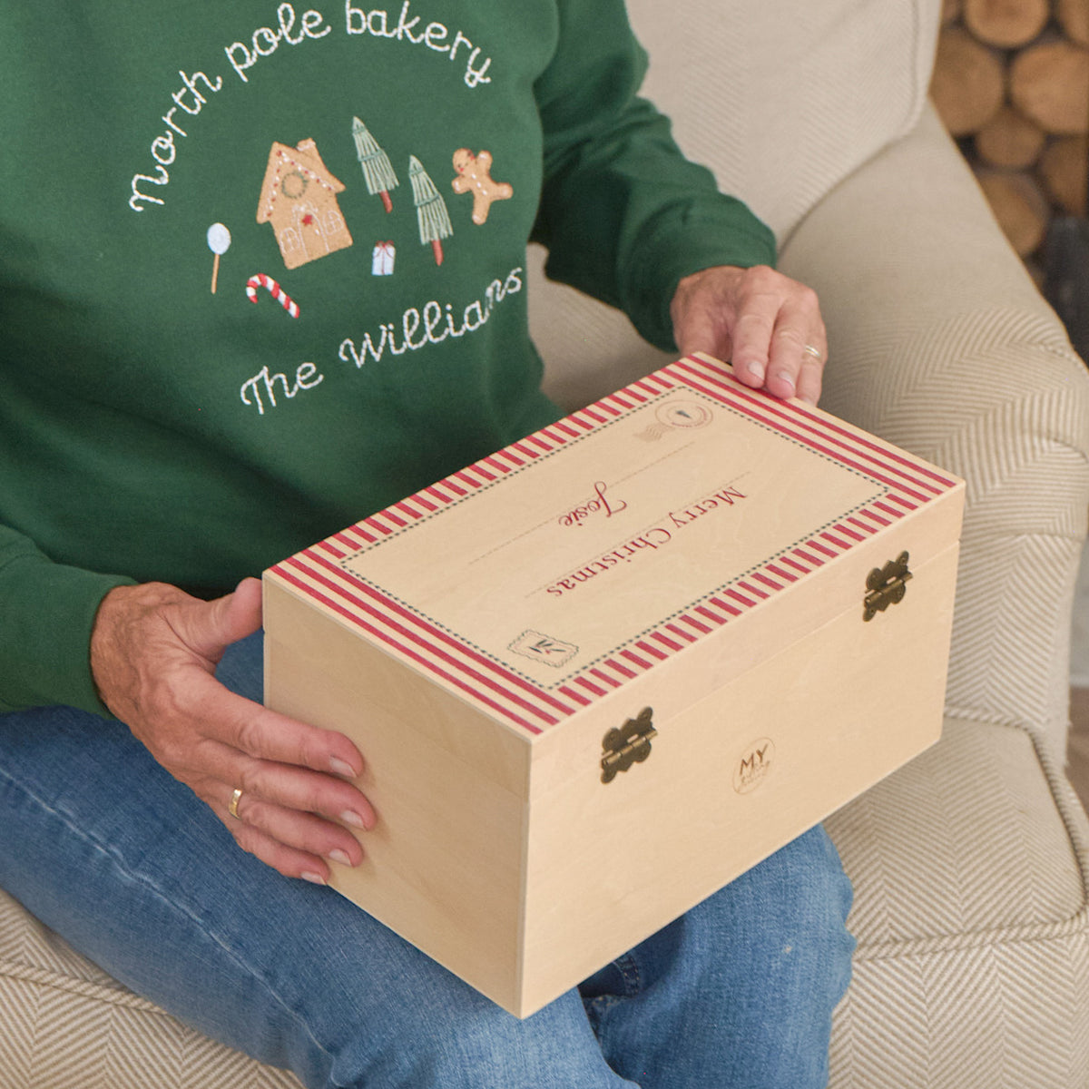 Personalised Red Stripe Christmas Wooden Keepsake Box FSC®