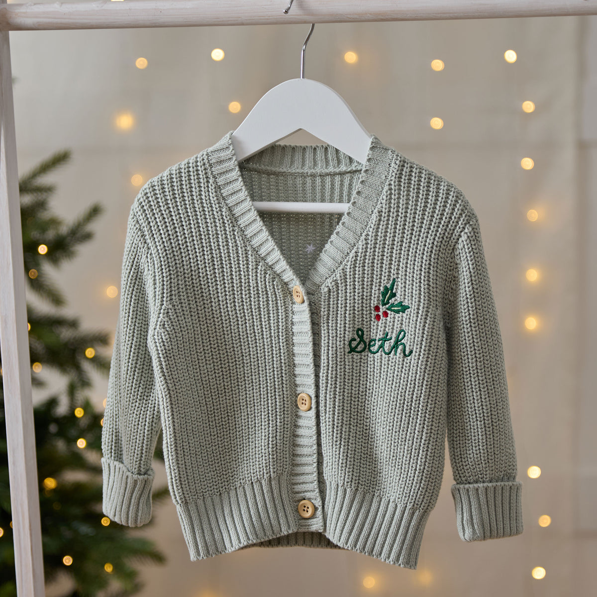 Personalised Holly Wreath Sage Christmas Cardigan