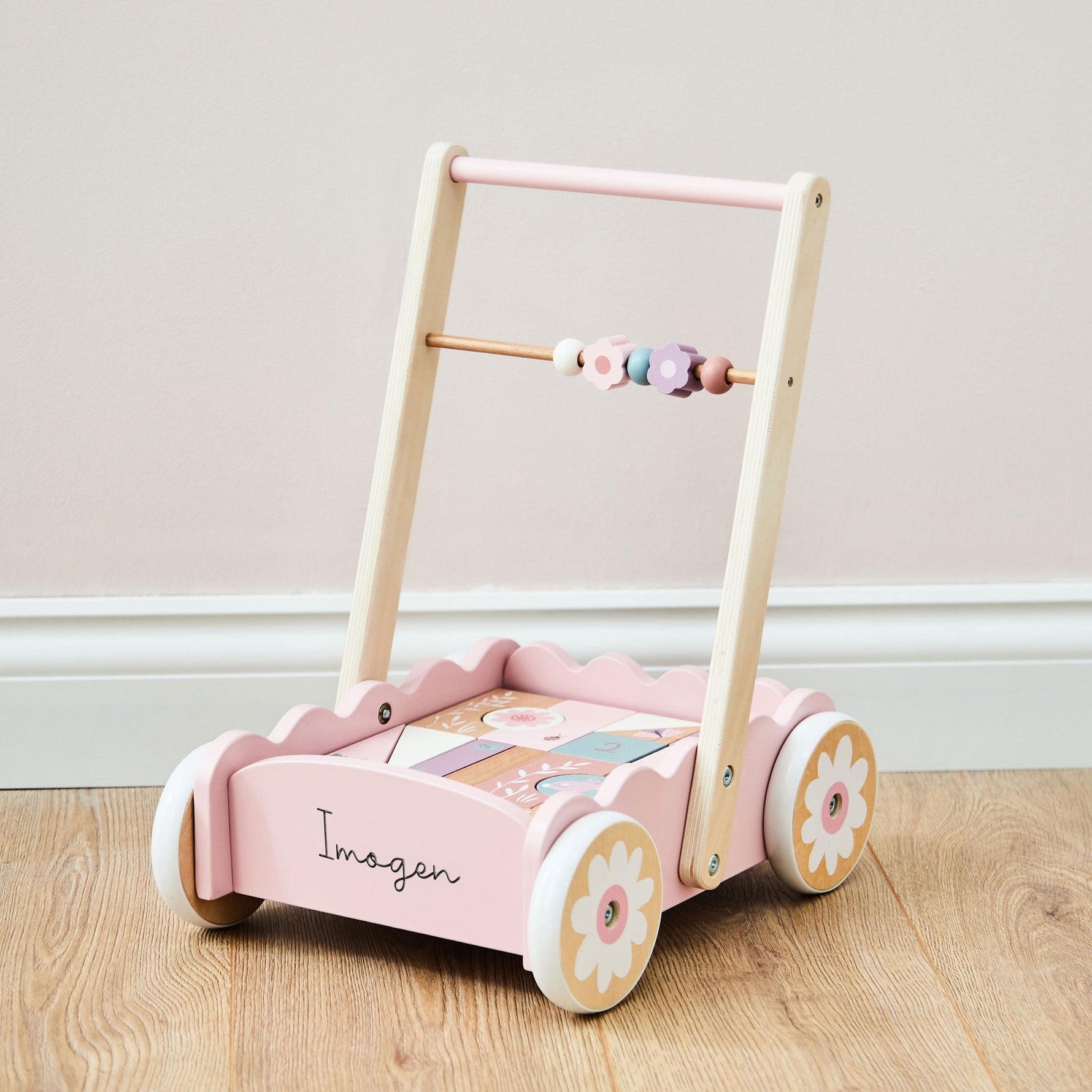 Personalised Pink Push-Along Activity Walker With Blocks FSC®
