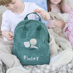 Personalised Let's Play Outside Badge Forest Green Cord Mini Backpack