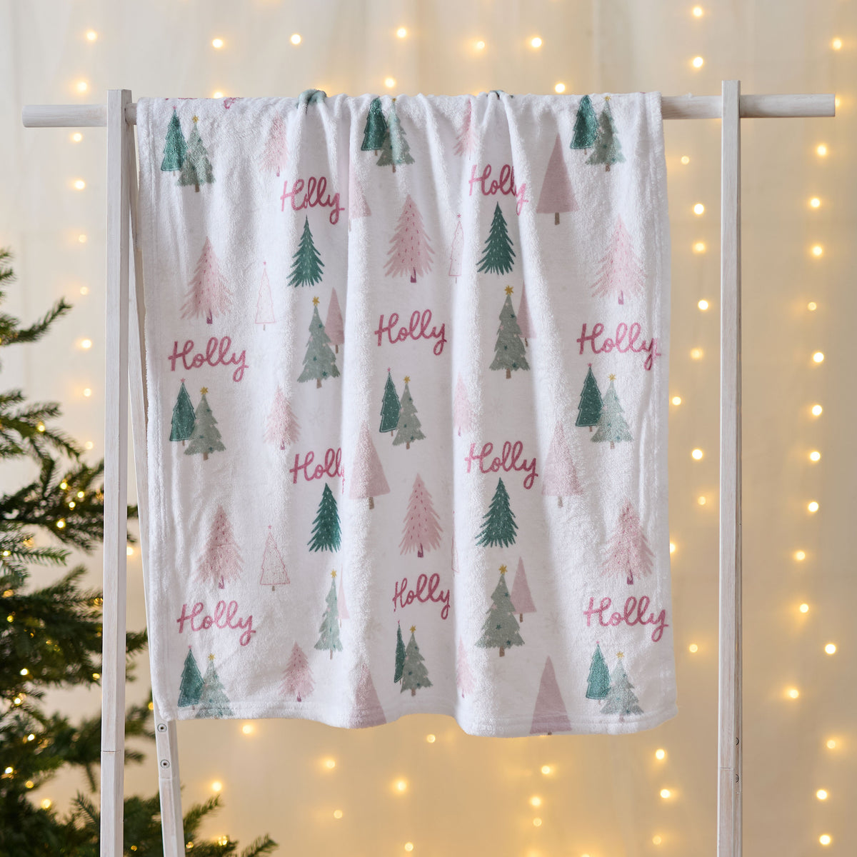 Personalised Pink & Green Christmas Tree Fleece Blanket