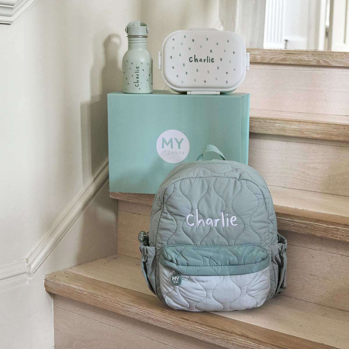 My Kids Personalised Colour Block Quilted Medium Backpack in Sage  