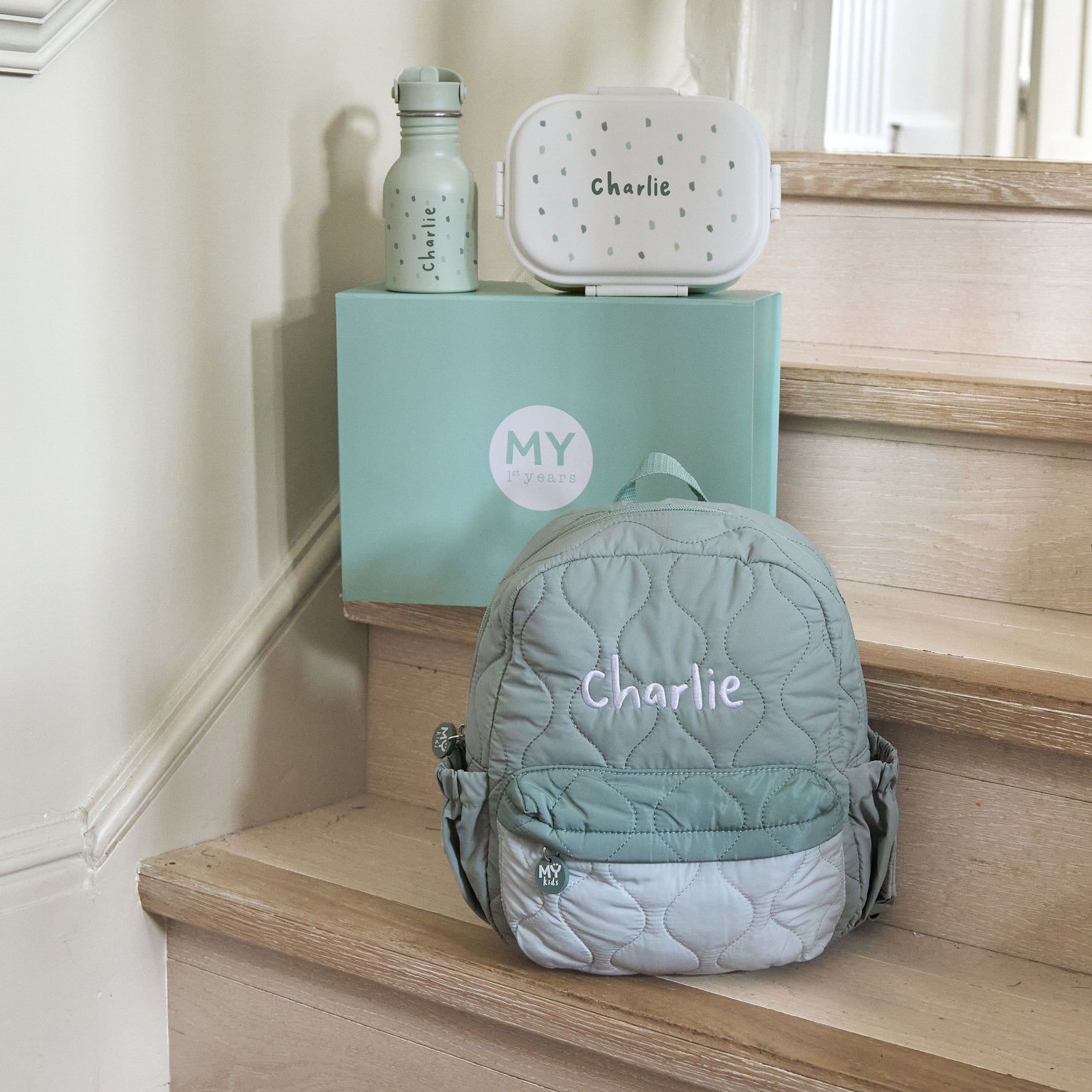 My Kids Personalised Colour Block Quilted Medium Backpack in Sage  