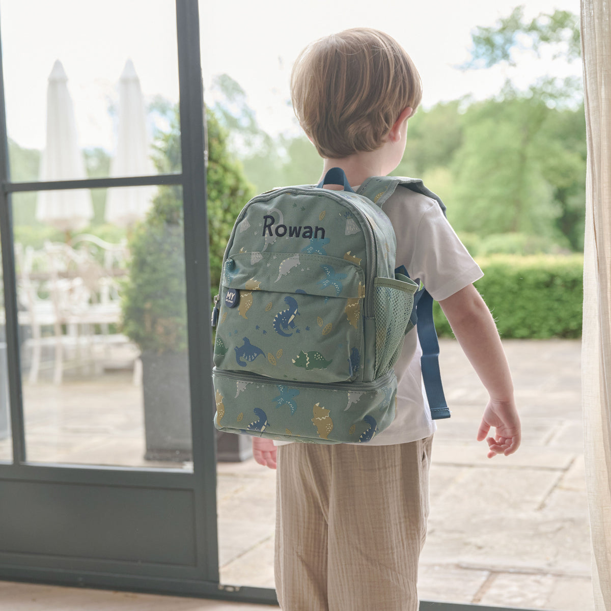 Personalised Green Dinosaur Print Mini Backpack with Compartment