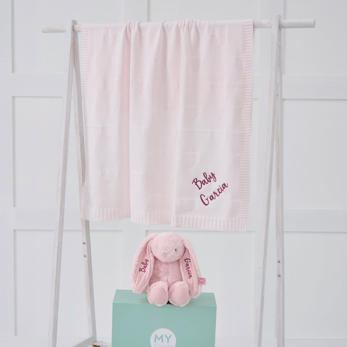 Personalized Pink Blanket and Bunny Gift Set