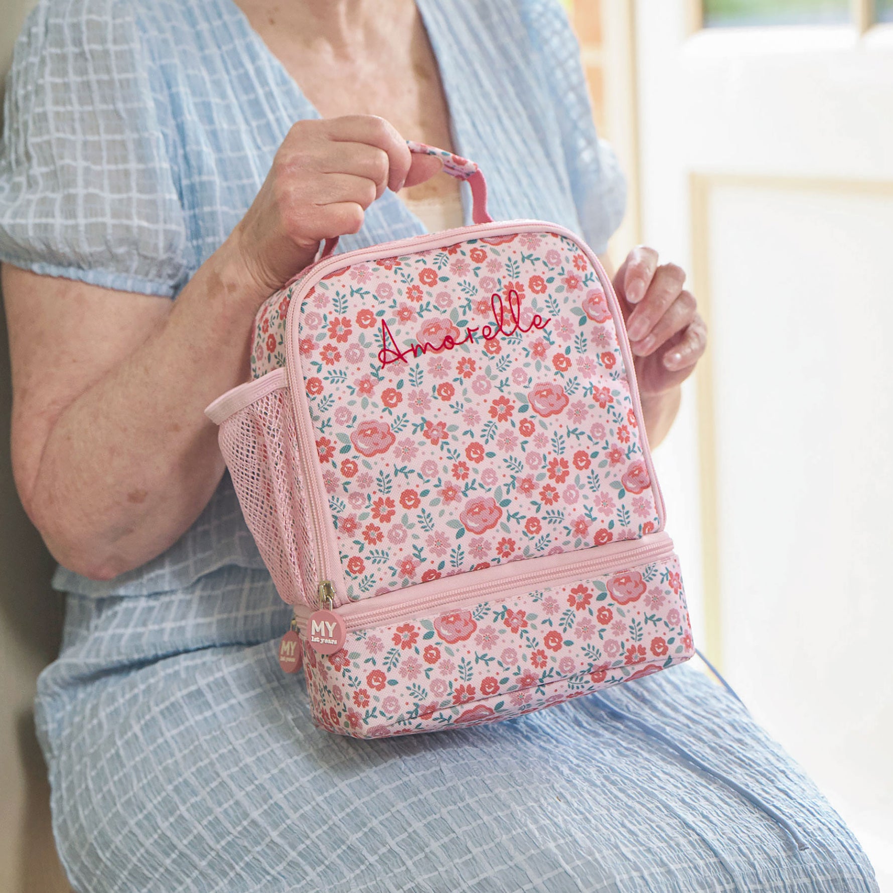 Personalised Pink Ditsy Print Lunch Bag with Compartment