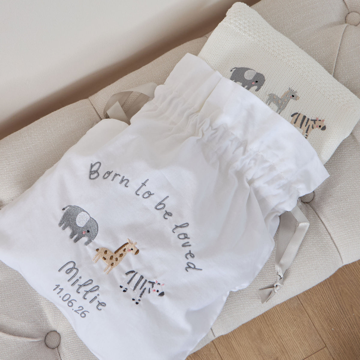 Personalised Born To Be Loved Embroidered Drawstring Bag