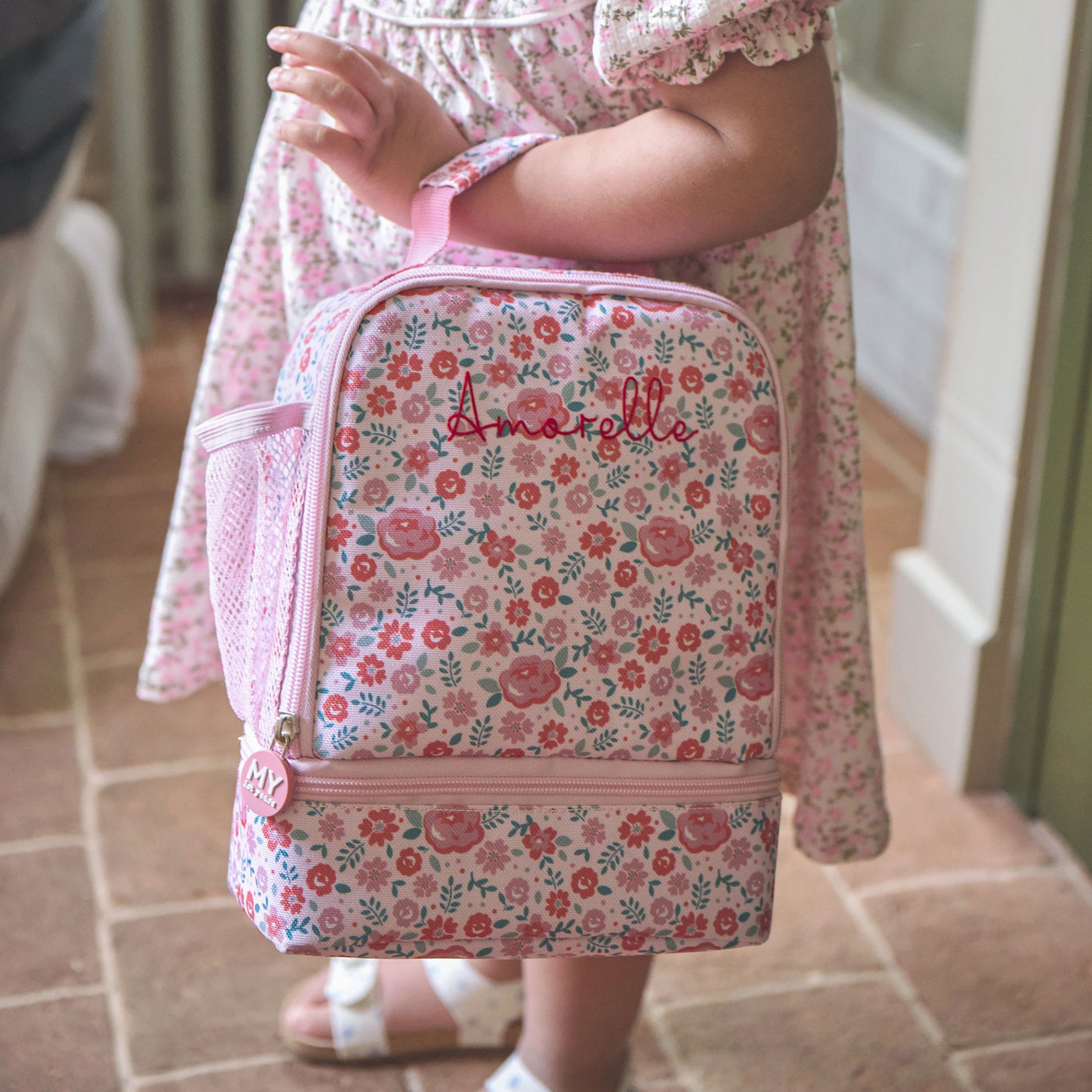Personalised Pink Ditsy Print Lunch Bag with Compartment