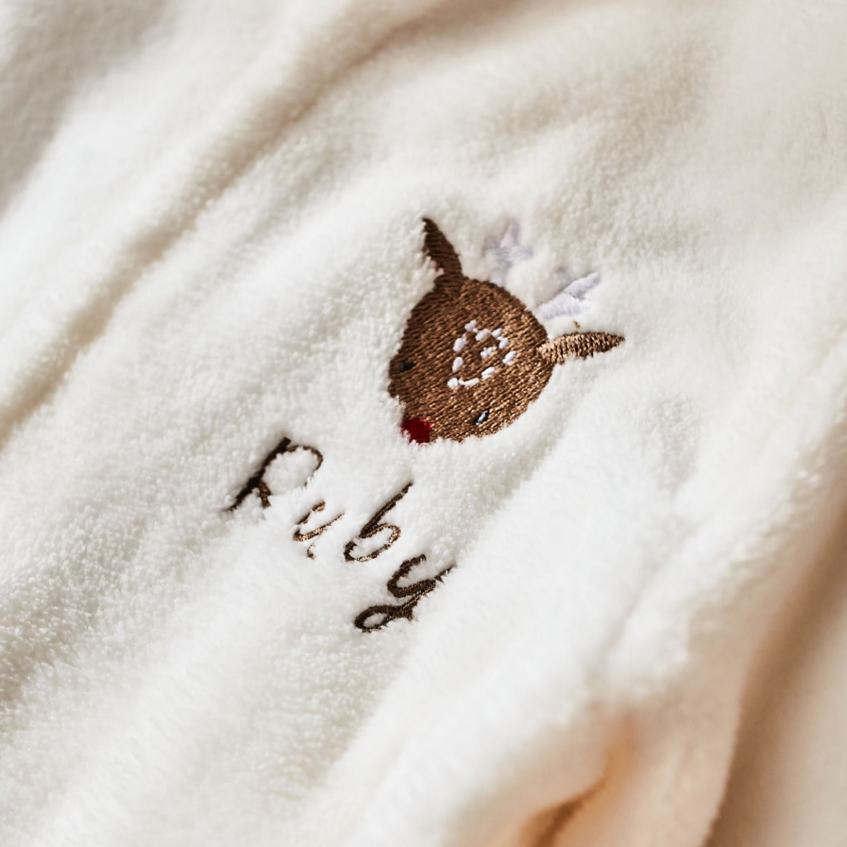Personalized Rudolph Design Ivory Fleece Robe With Ears