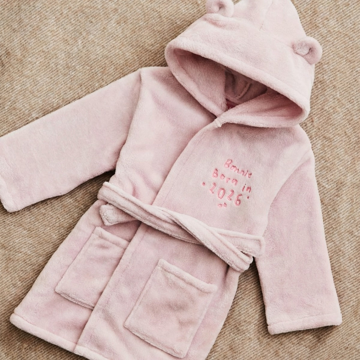 Personalized Born in 2026 Pink Fleece Robe with Ears