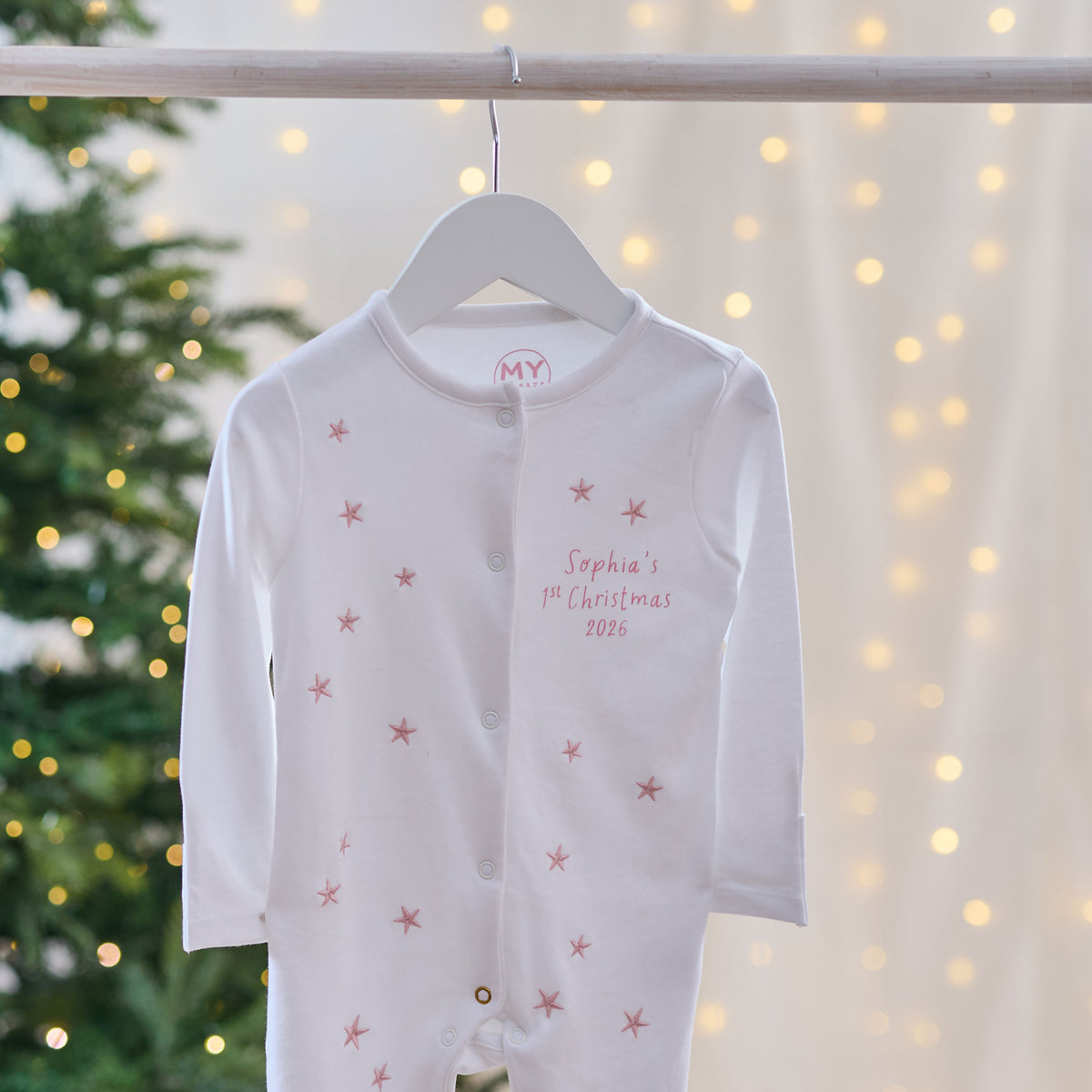 Personalised My 1st Christmas 2026 Pink Star Sleepsuit
