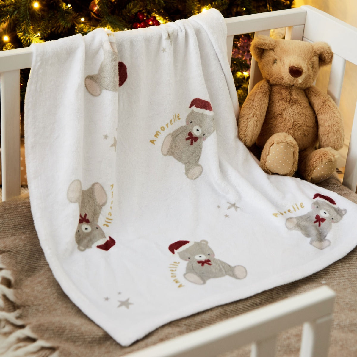 Personalized Christmas Teddy Bear Fleece Blanket