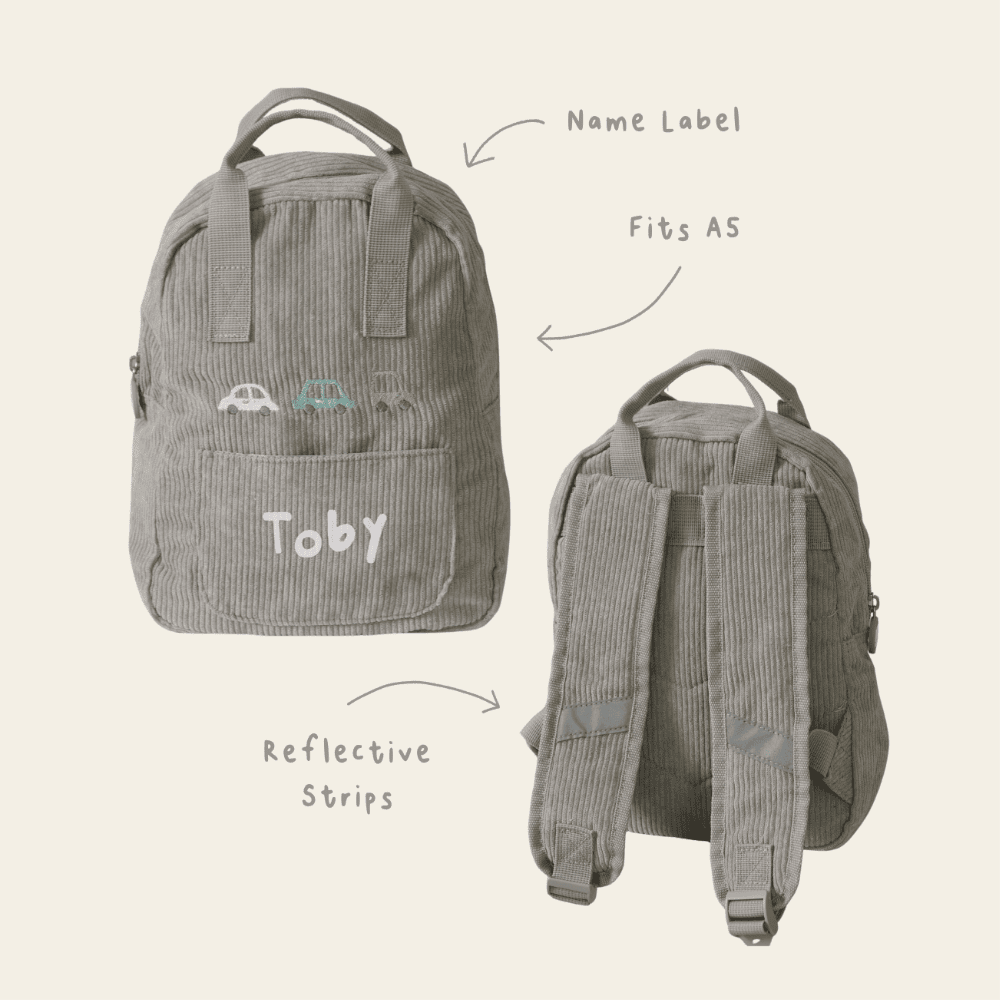 Personalised 3 Cars Embroidered Grey Cord Backpack