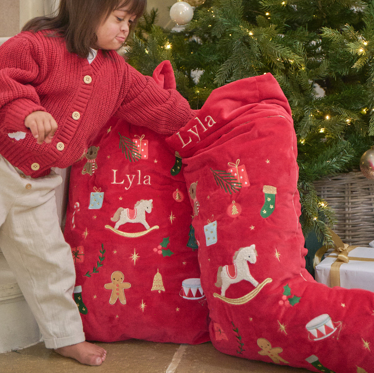 Personalised Embroidery Detailed Christmas Sack and Stocking Gift Set