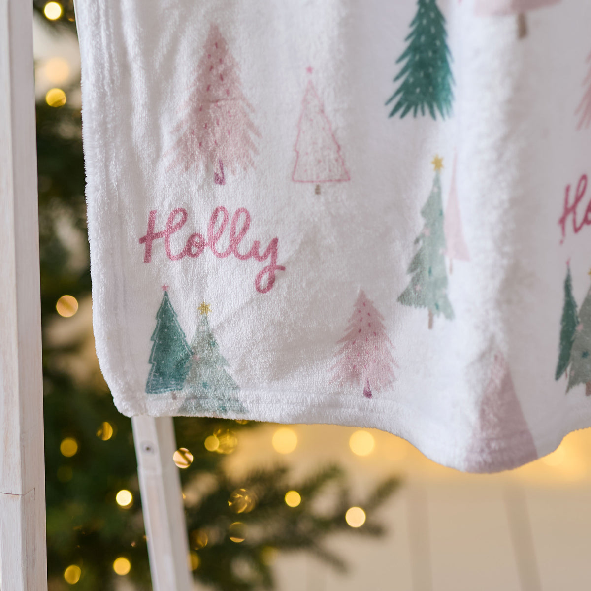 Personalised Pink & Green Christmas Tree Fleece Blanket