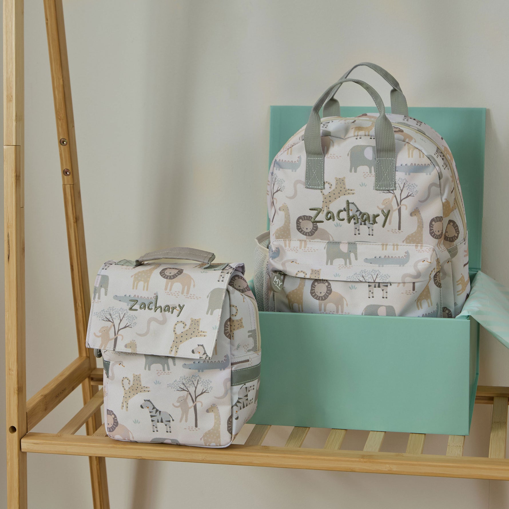 Personalised Neutral Safari Backpack & Lunchbag Set