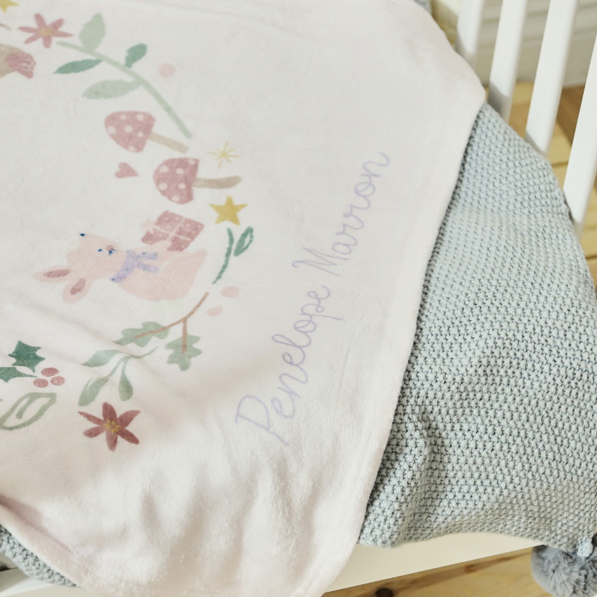 Personalized Christmas Bunny Wreath Fleece Blanket
