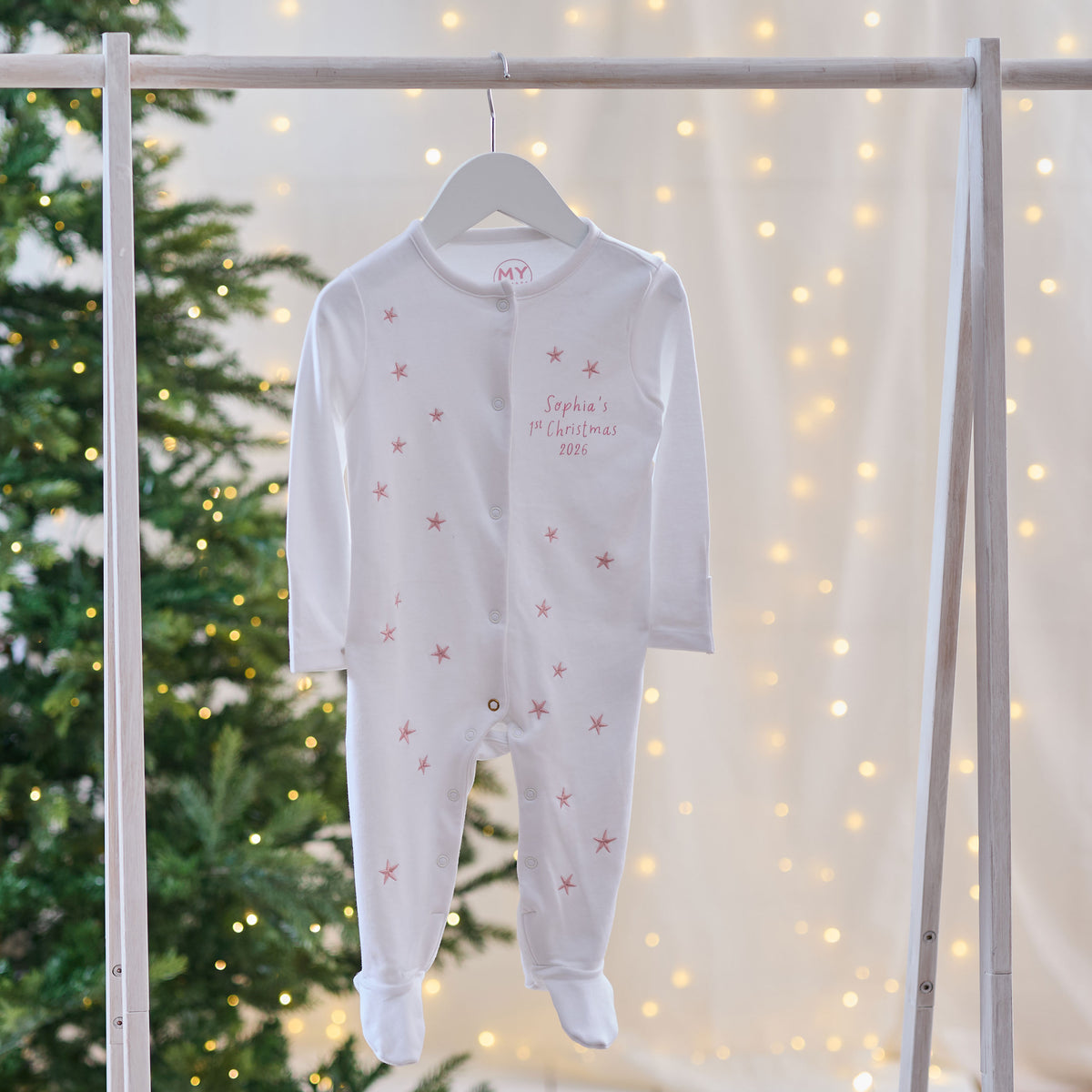 Personalised My 1st Christmas 2026 Pink Star Sleepsuit
