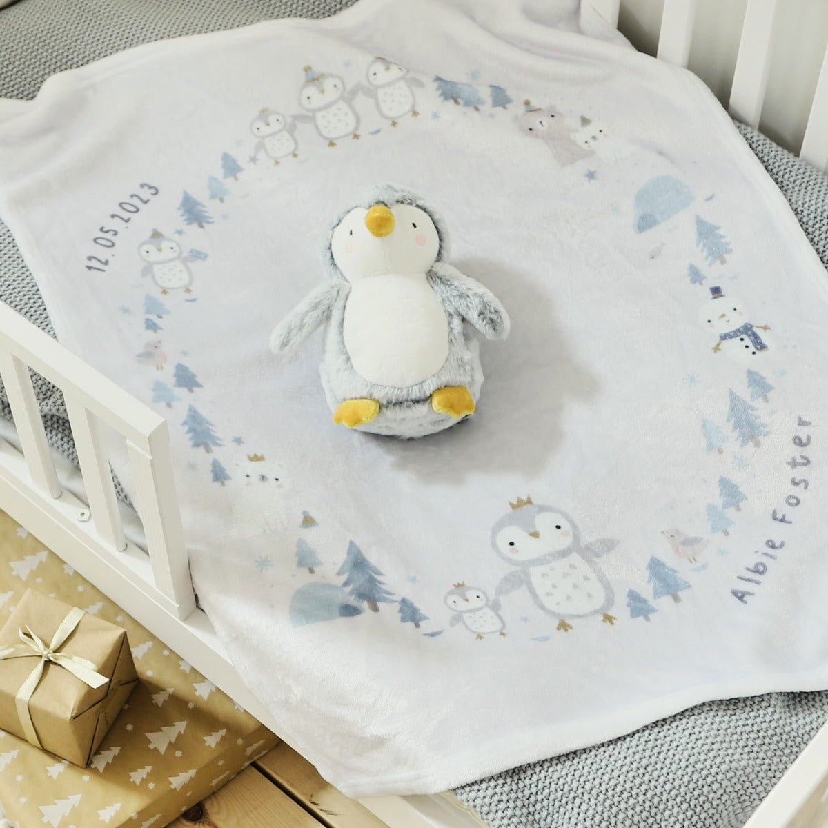 Personalized Christmas Penguin Fleece Blanket