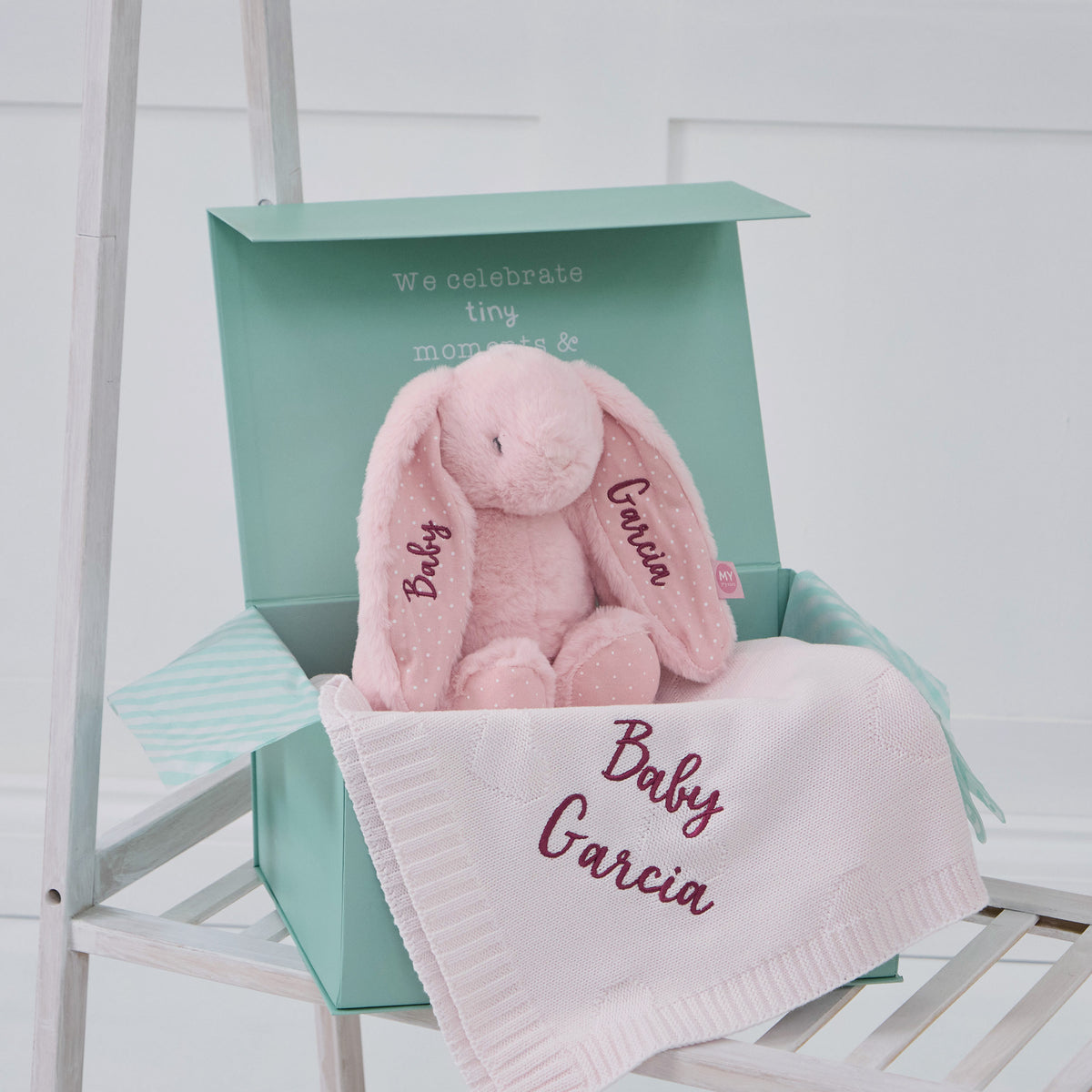 Personalized Pink Blanket and Bunny Gift Set
