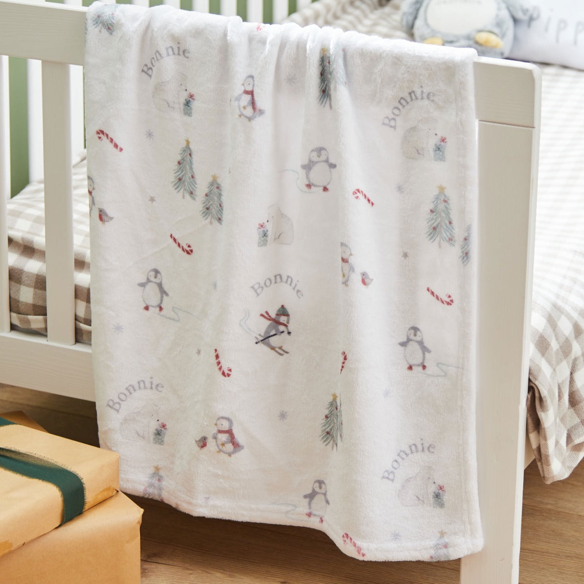 Personalised Penguin Skiing Fleece Blanket