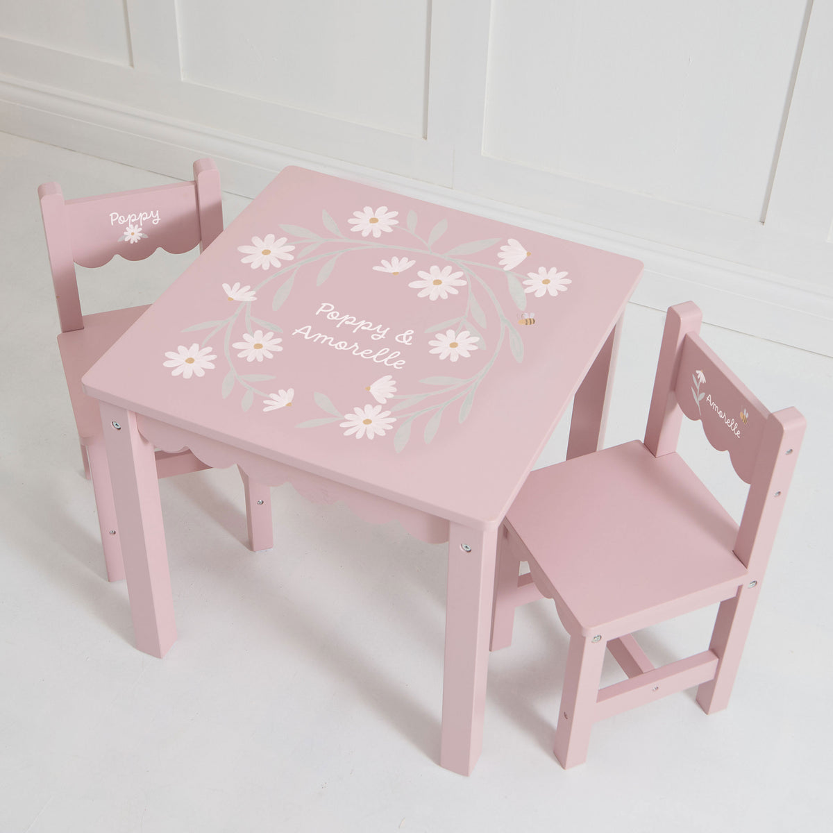 Personalised Daisy Pink Scalloped Table and 2 Chairs Set FSC®