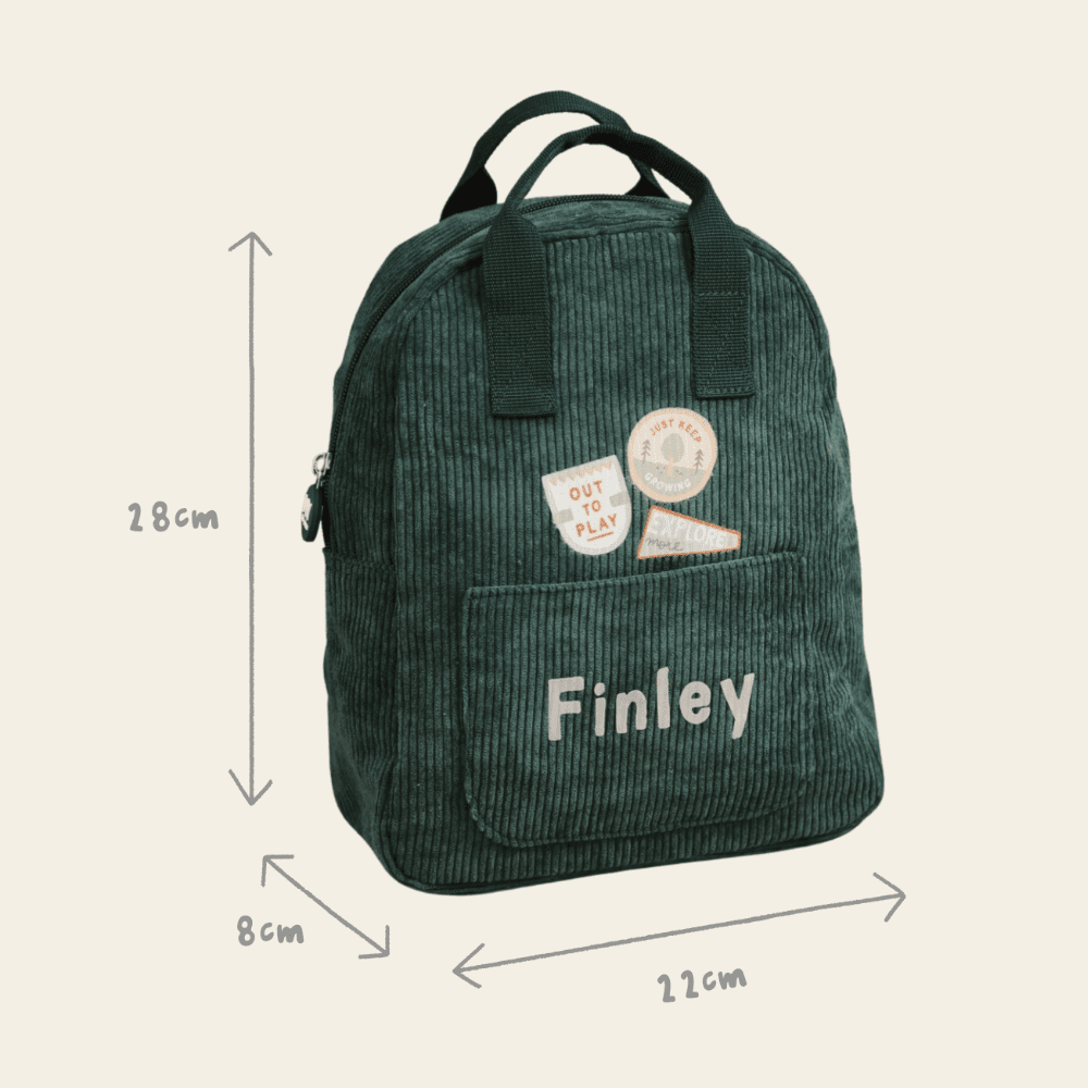 Personalised Let's Play Outside Badge Forest Green Cord Mini Backpack