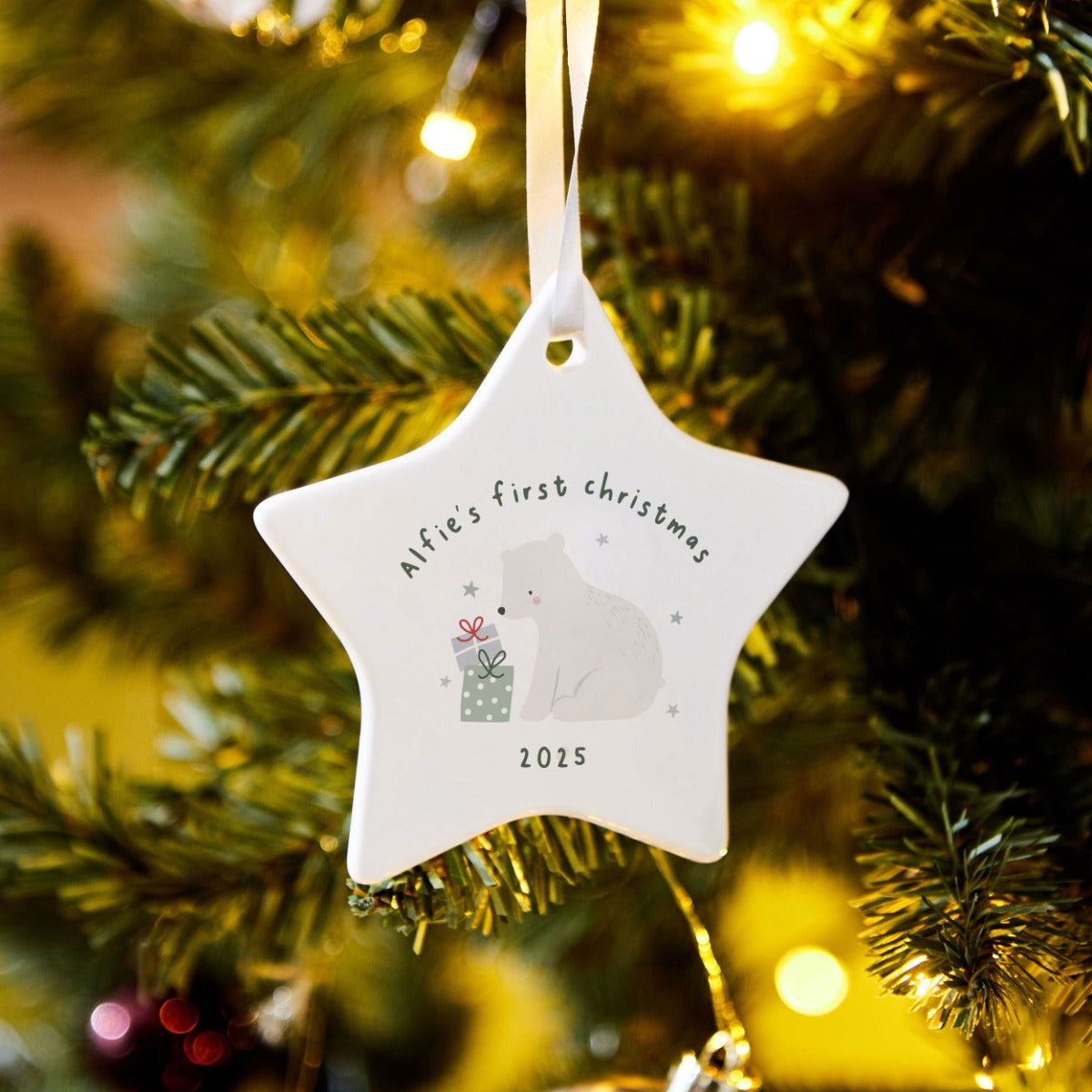 Personalised Polar Bear My 1st Christmas Star Ceramic Hanging Decoration