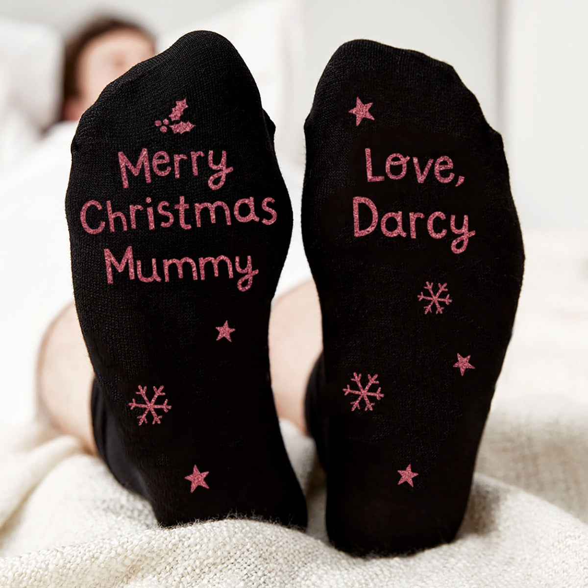 Personalised Merry Christmas Mummy Pink Glitter Socks