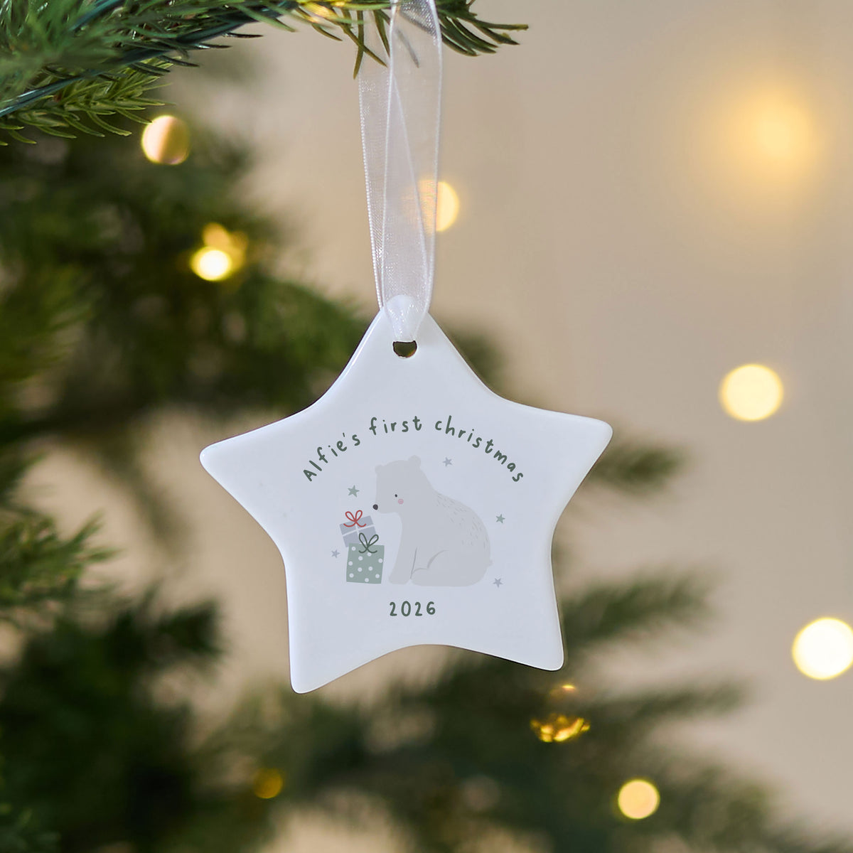 Personalised Polar Bear My 1st Christmas Star Ceramic Hanging Decoration