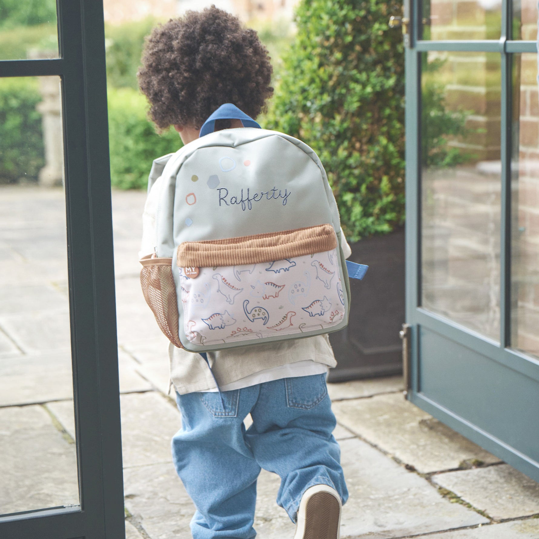Personalised Neutral Dino Print Pocket Medium Backpack