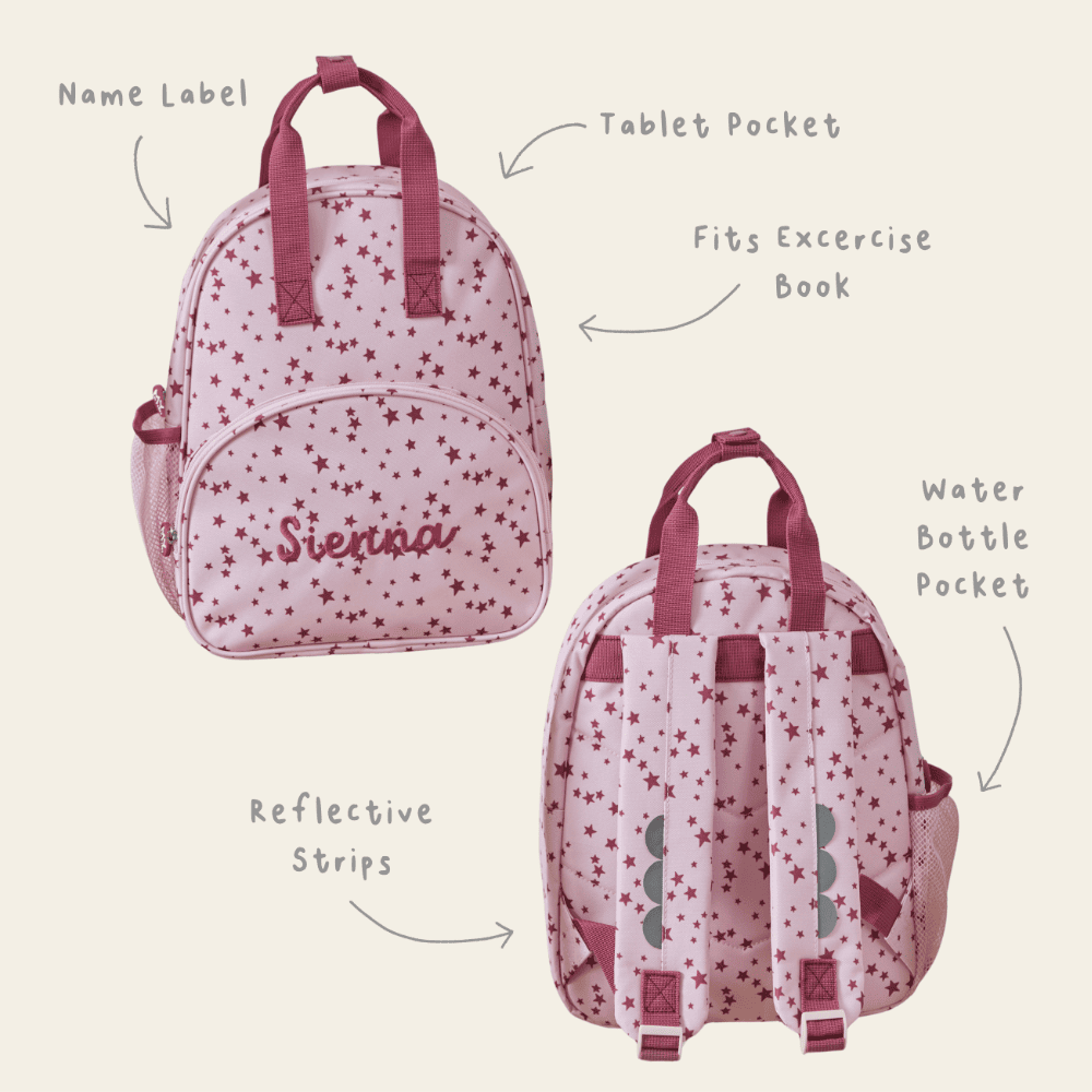Personalised Pink and Burgundy Star Pocket Medium Backpack