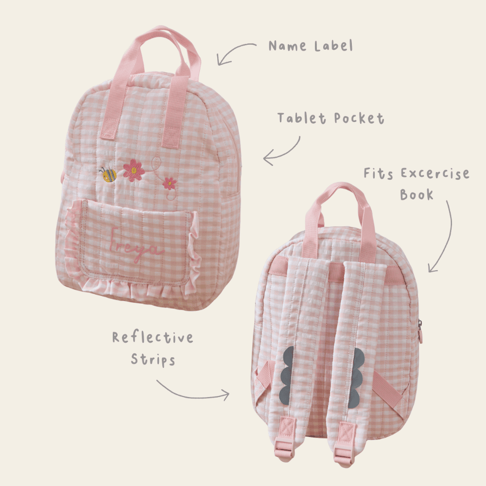Personalised Bumblebee Pink Gingham Backpack