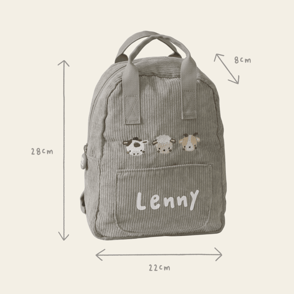Personalised Farm Animals Embroidered Grey Cord Backpack