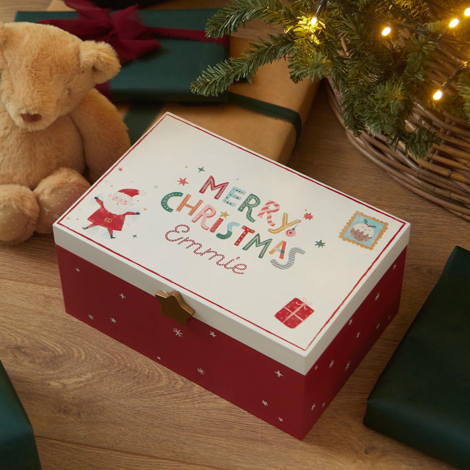 Personalised Wooden Merry Christmas Red Christmas Eve Box FSC®