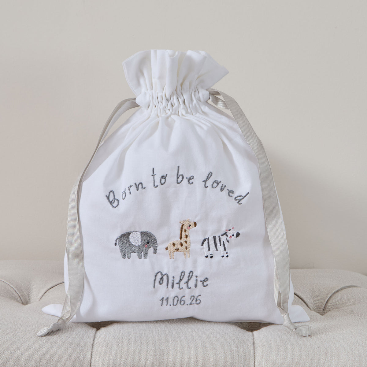 Personalised Born To Be Loved Embroidered Drawstring Bag