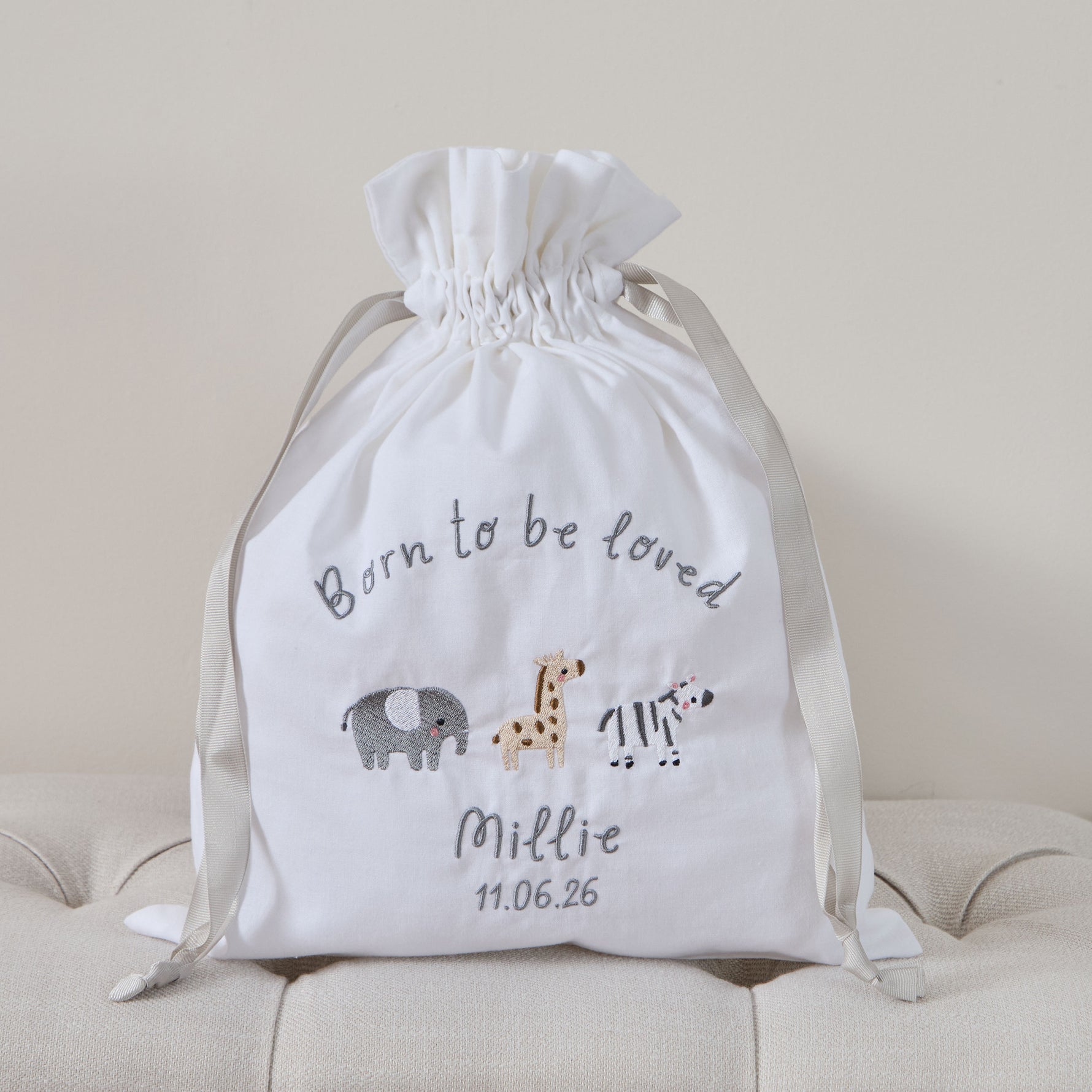Personalised Born To Be Loved Embroidered Drawstring Bag