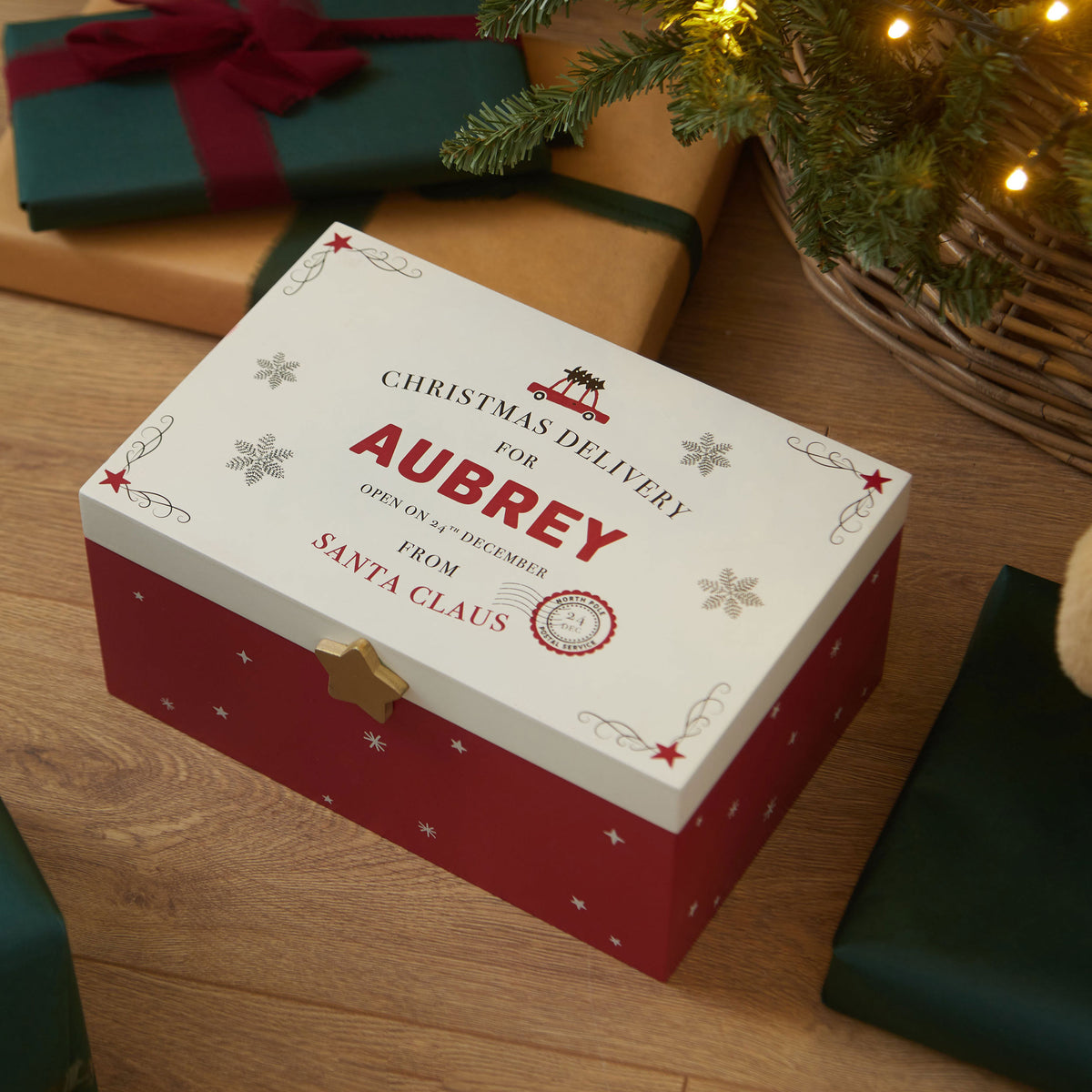 Personalised Wooden Christmas Delivery Red Christmas Eve Box FSC®