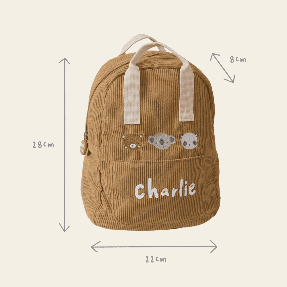 Personalised 3 Bear Faces Mini Caramel Cord Backpack