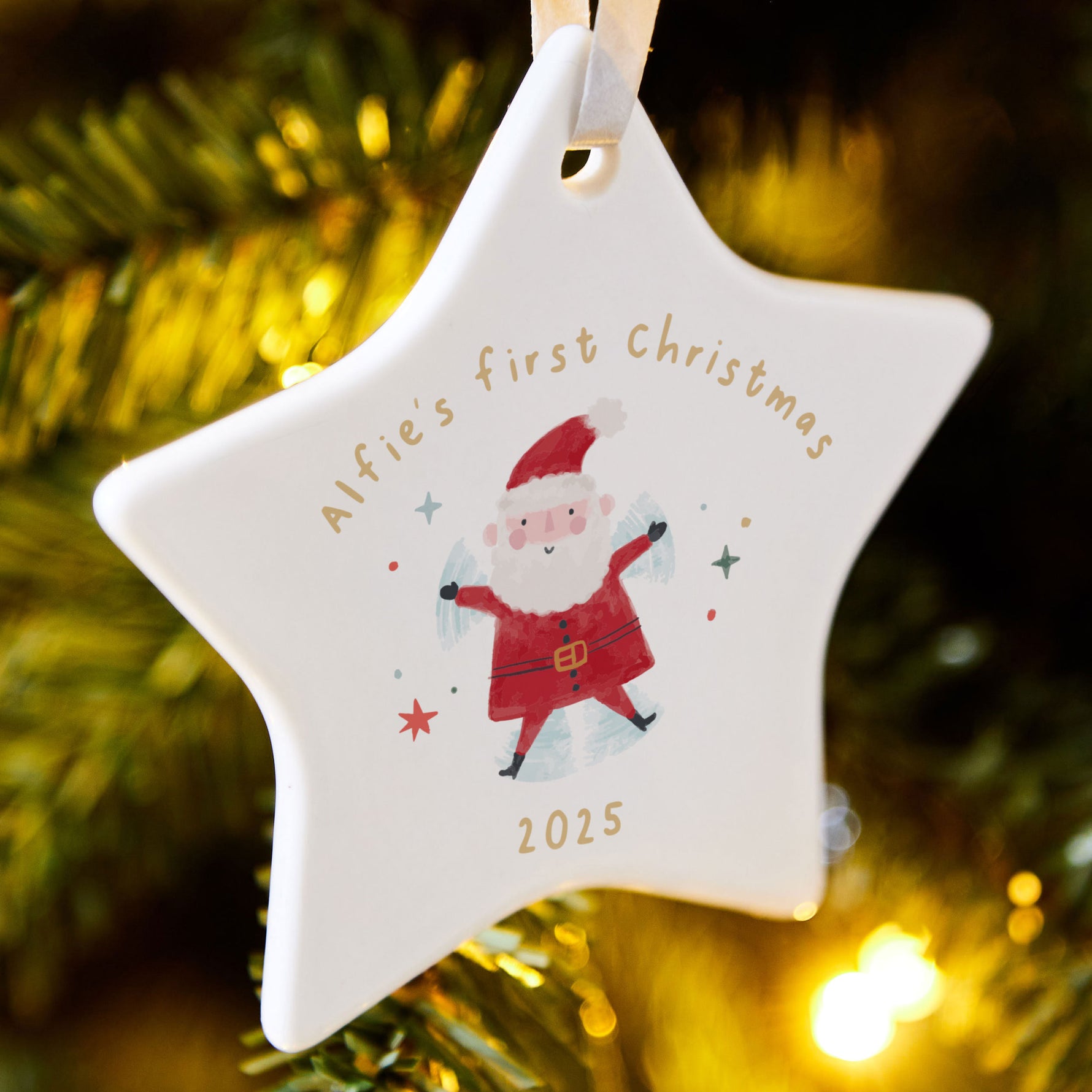Personalised Santa First Christmas Star Ceramic Hanging Decoration